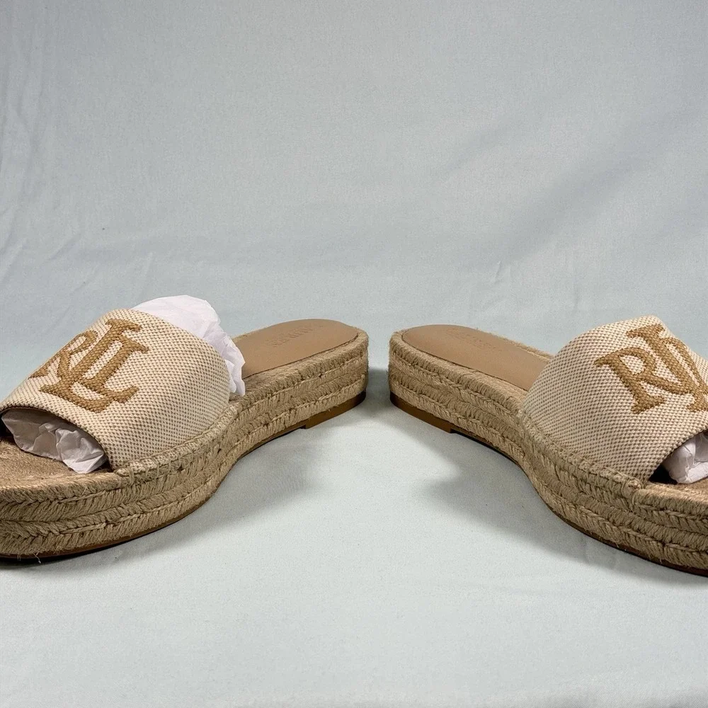 Lauren Ralph Lauren Size-9M Women's Polly Espadrille Flat‎ Sandals Beige Denim